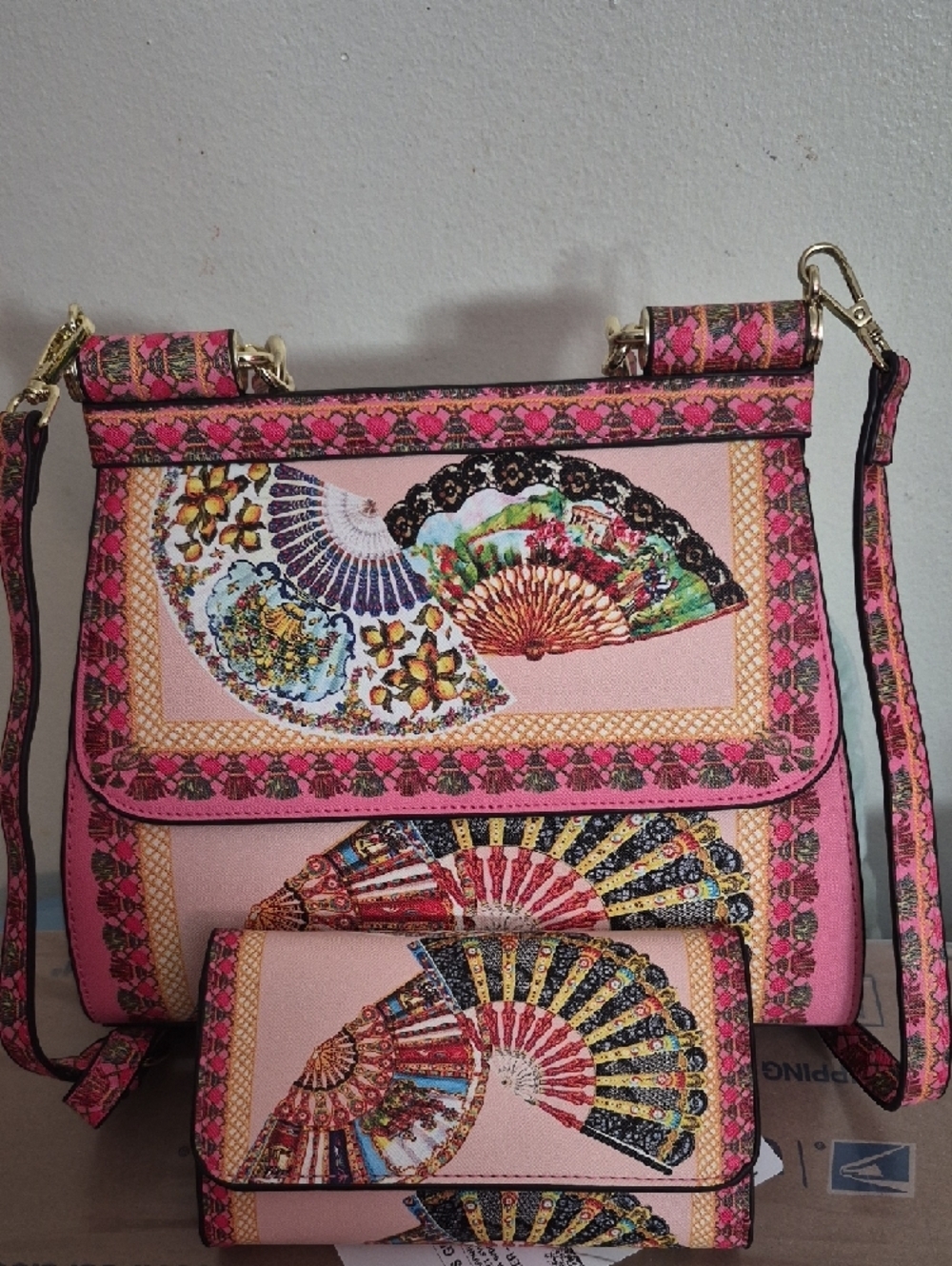 Pink Fan-Embellished Top-Handle Satchel - Picture 7 of 9